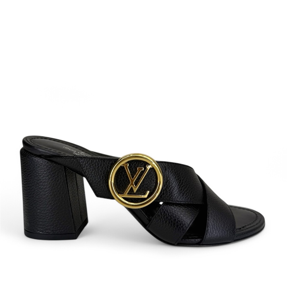 NEW LOUIS VUITTON LV Logo Black Leather Block Heel Sandals Mules IT36 - Picture 3 of 13
